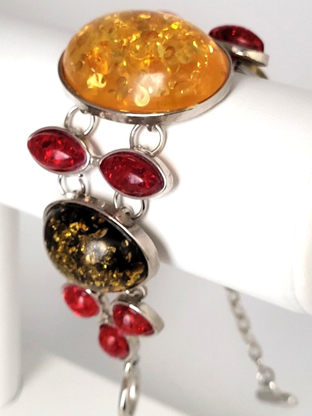 Chunky Acrylic Amber Silver Tone Bracelet Red Black with Gold Metallic Flakes